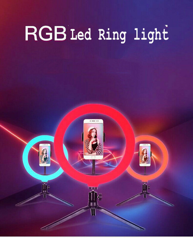 Anillo de luz LED para selfi, accesorio con alimentación USB, trípode con clip para teléfono, RGB, multicolor, transmisión en vivo, fotografía, maquillaje, iluminación de vídeo, 26cm de diámetro