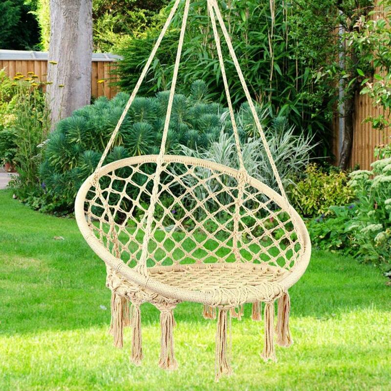 Cadeira de rede macrame swing com corda de suspensão artesanal de malha de algodão corda pendurado cadeira para interior ao ar livre
