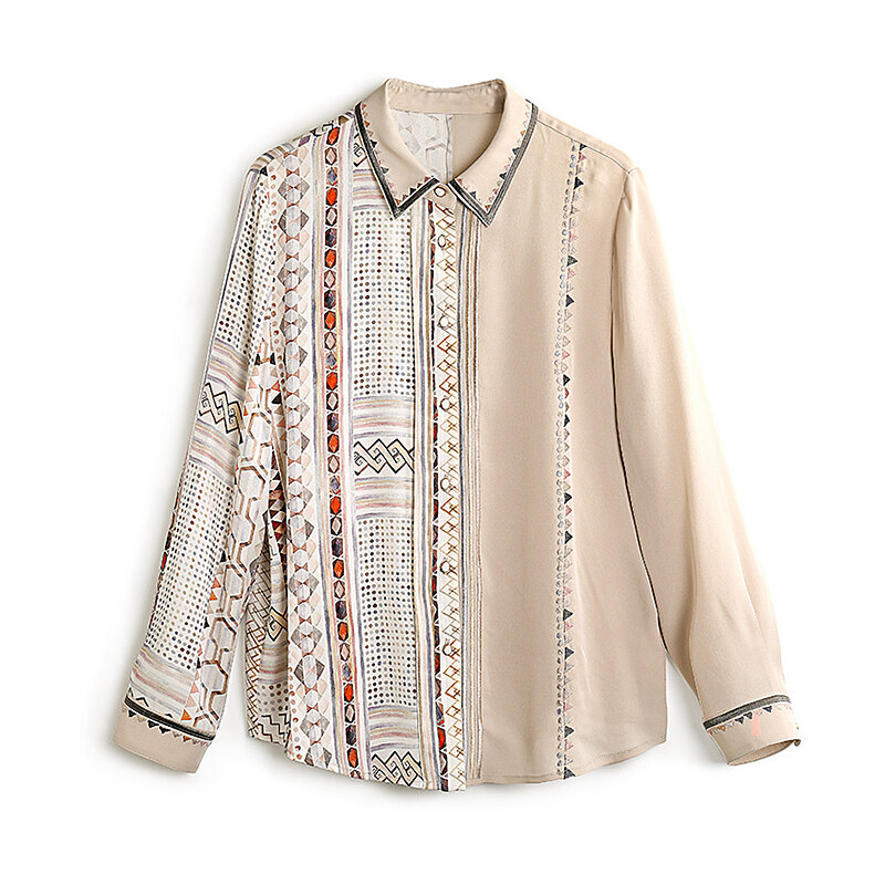 Blusa de seda para mujer, camisa informal estampada de manga larga, estilo elegante, diseño Simple, Top de oficina, nueva moda, 100%