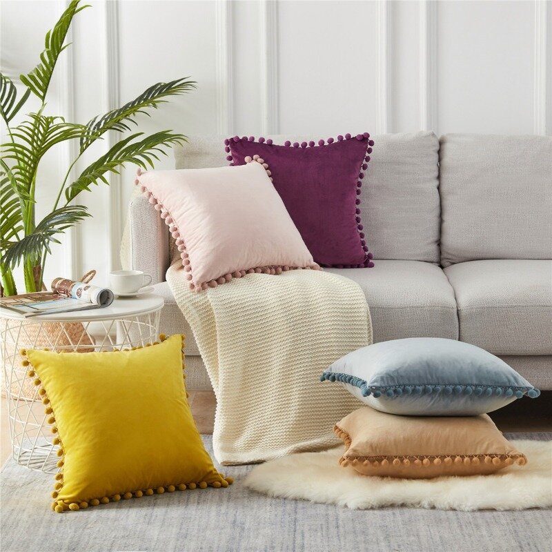 Housse de coussin en velours doux avec pompon, pour la décoration,taie d'oreiller de couleur unie verte, bleue, grise, rose, pour le sofa, taille de 30x50cm