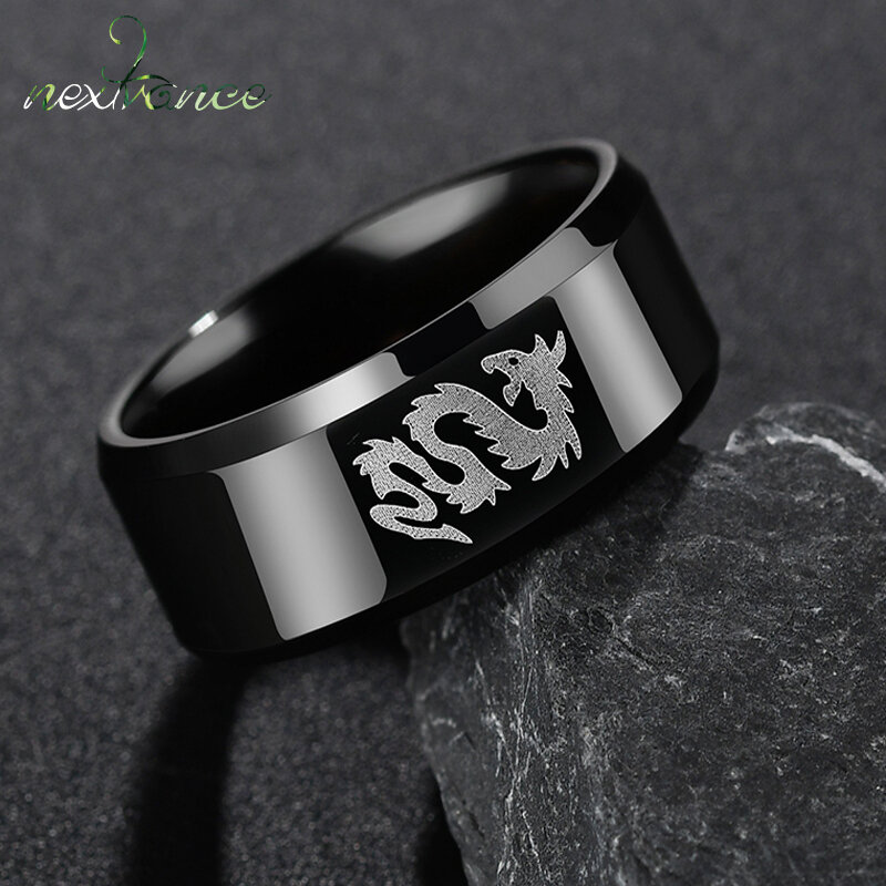 Nextvance-anillo negro de estilo clásico de acero inoxidable para mujer, cabeza de dragón chino y Lobo, regalo para niño y novio, envío directo
