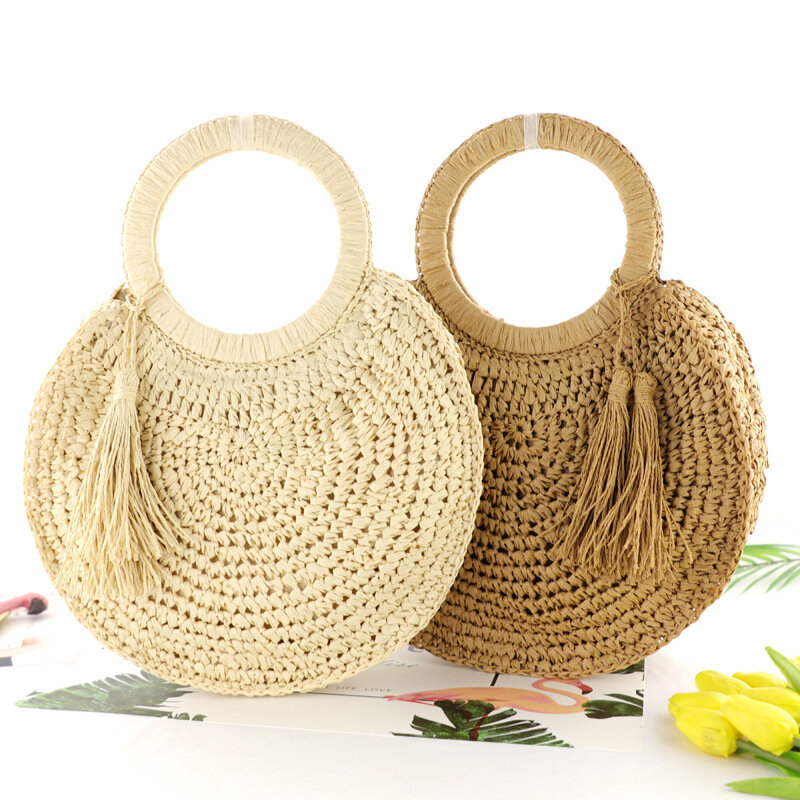 Handmade Round Women's Handbag Woven Summer Tassel Beach Bag Bohemian Knitting Straw Bags Female Round Handle Tote Bag