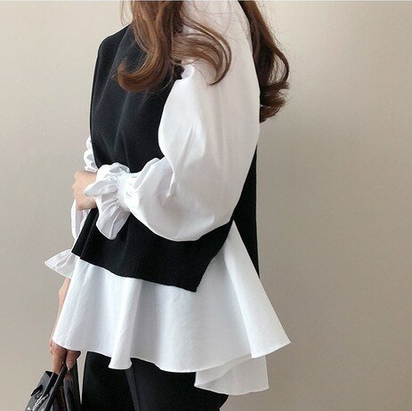 2022 Autumn Women white Ruffled Long Sleeve Shirt+ black O-Neck Pullover Sleeveless Vest Office Casual Knitted Vest 2 Piece Set