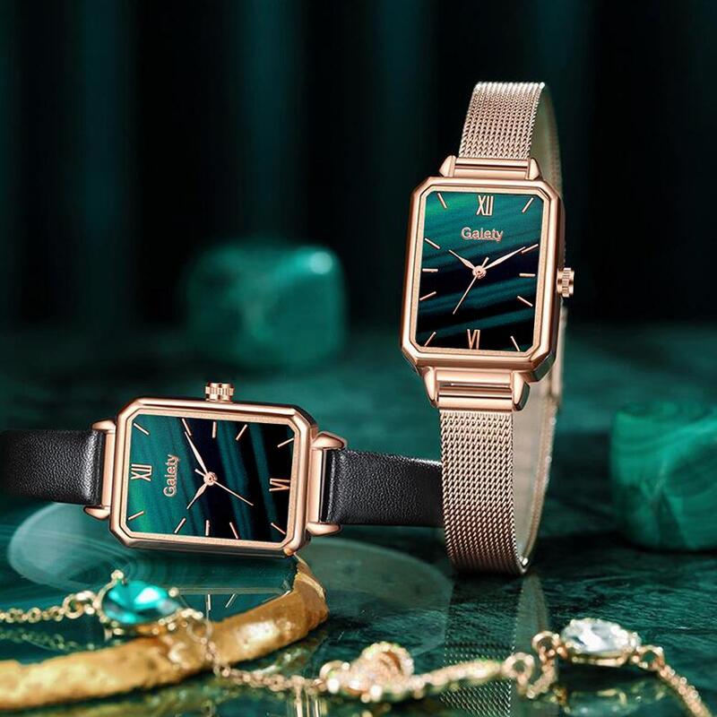 Gaiety-relojes cuadrados de cuarzo para mujer, conjunto de pulsera, esfera verde, Simple, oro rosa, malla, lujo