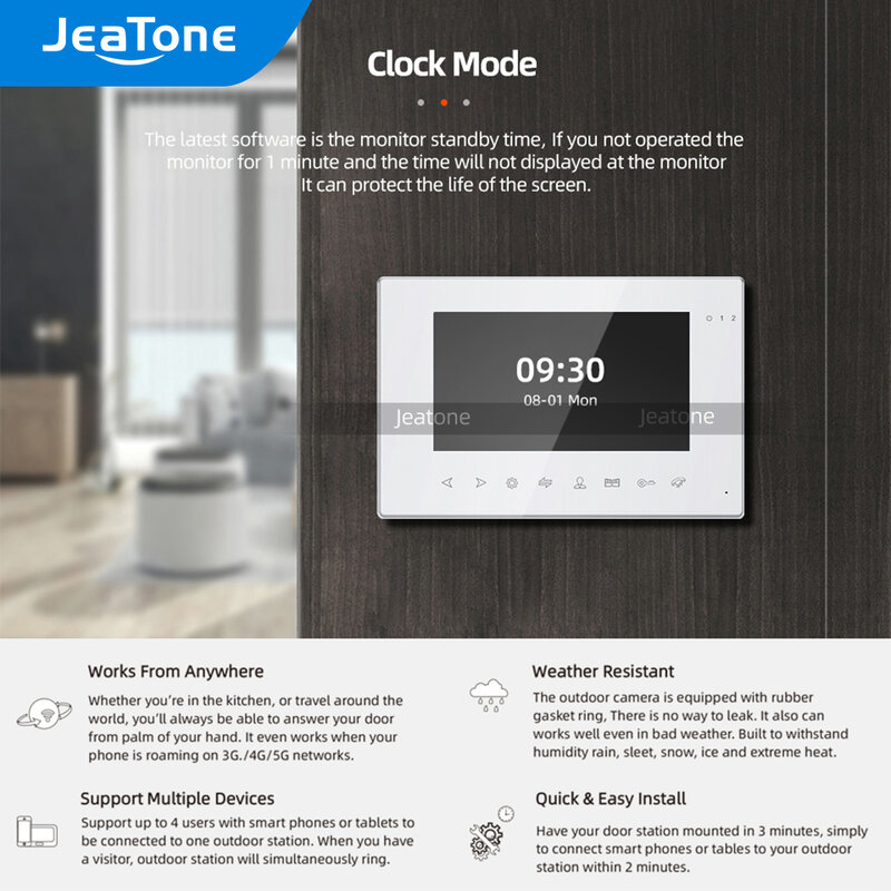Jeatone AHD/960P Monitor singolo Slave da 7 pollici per videocitofono videocitofono supporto registrazione Video, visione diurna/notturna