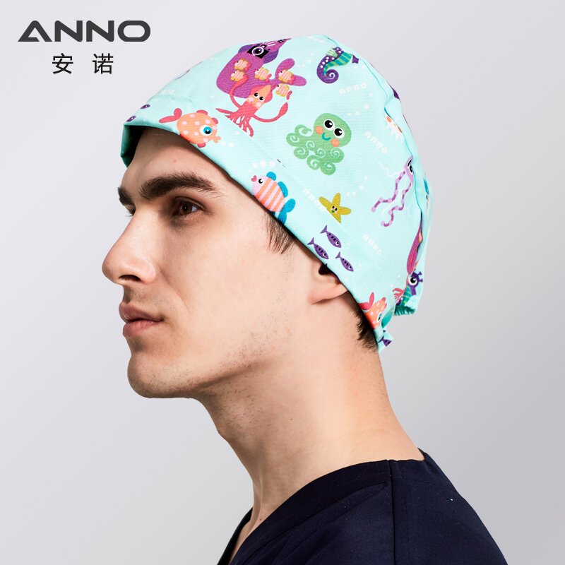 ANNO-면 스크럽 모자, 여성 병원 의사 간호사 작업 모자, 간호 모자, 짧은 또는 긴 머리, 동물 상자 인쇄