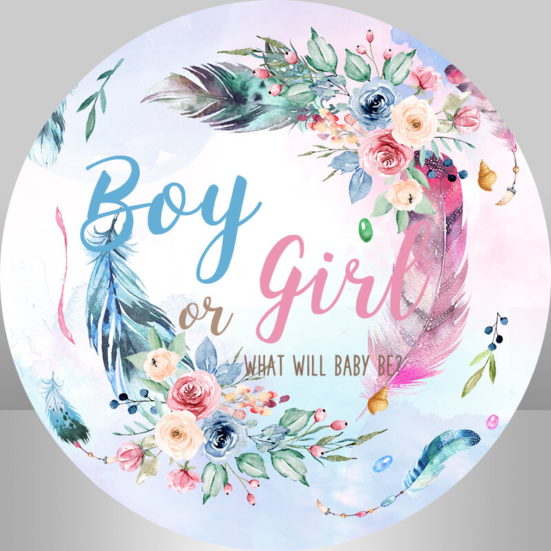 Gender Reveal Circle Backdrop Colorful Feather Flower Baby Shower Photo Background Boy or Girl Gender Reveal Round Backdrops