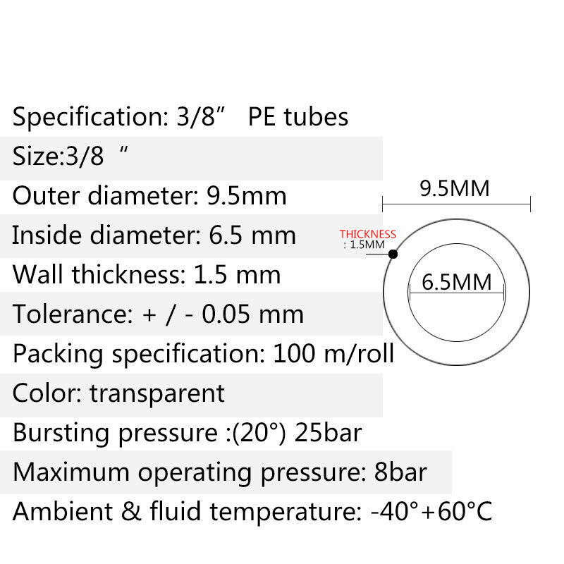 투명 3/8 "PE 파이프 품질 식품 등급 유연한 호스 3/8 인치 튜브 RO 정수기 필터 수족관 직경 9.5MM