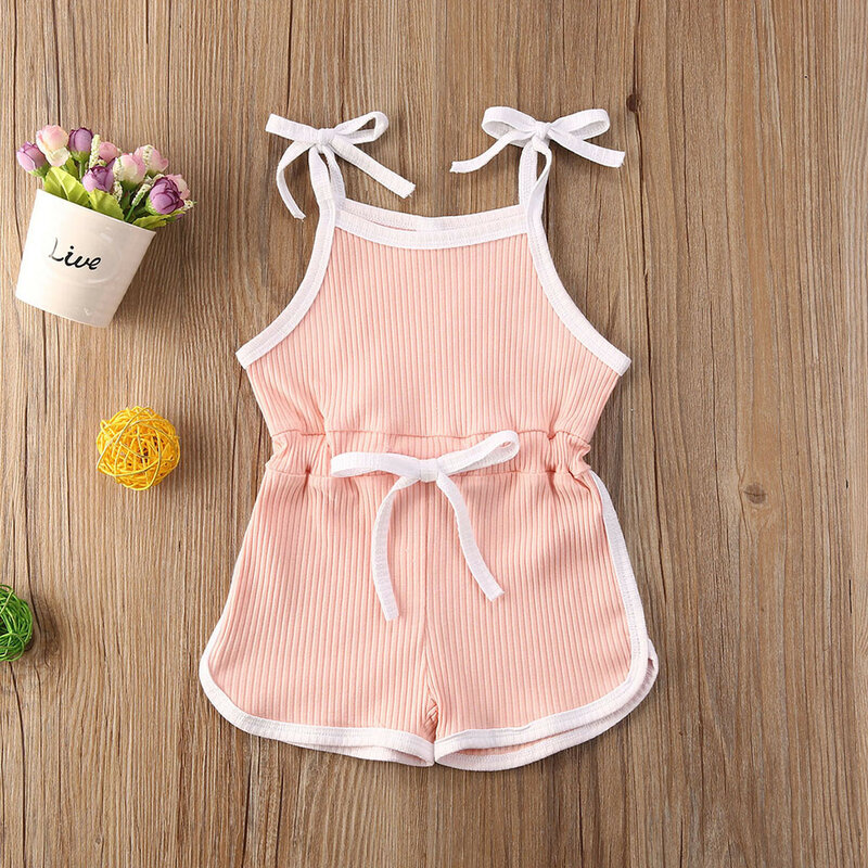 Summer Toddler Baby Girls Jumpsuit Knitted Clothes Sleeveless Sunsuit Solid Bandaged Suspender Romper Cotton Baby Outfits 1-6 Y