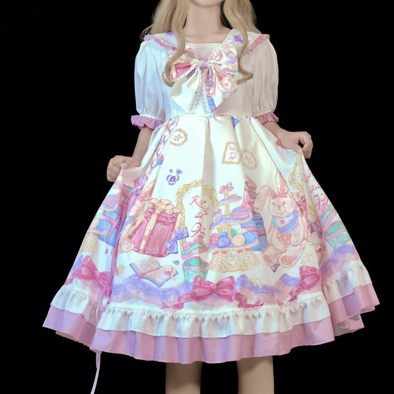 Kawaii wiktoriańska w stylu Vintage Lolita OP sukienka damska kreskówka z krótkim rękawem sukienki dla dziewcząt Kawaii codzienna impreza księżniczka Vestidos