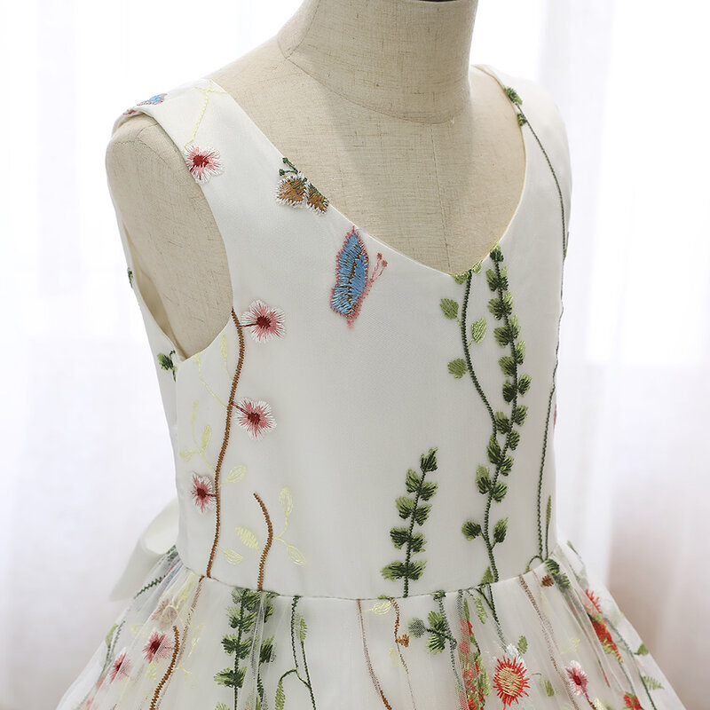女の子のための花柄のイブニングドレス,ノースリーブのプリンセスパーティードレス,オープンバック,弓付き
