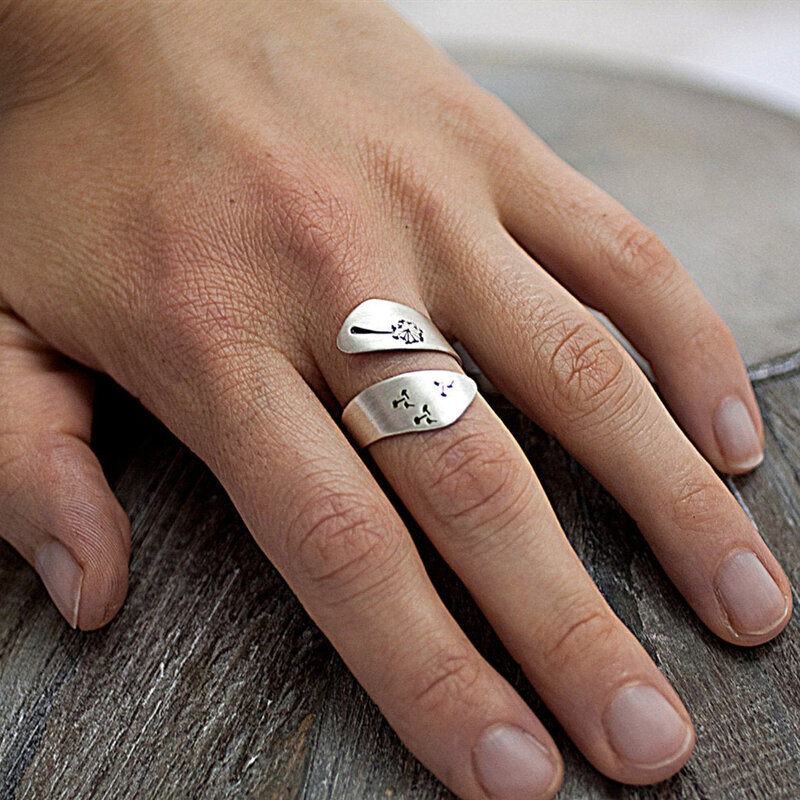 2019 kobiet platerowany kolor srebrny ręcznie szczotkowany pierścień uzwojenia Mountain Forest Dandelion Ring dla kobiet
