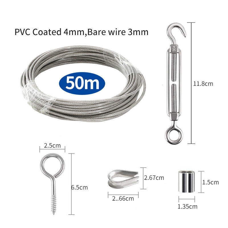 SGYM PVC 코팅 유연한 와이어 로프 소프트 케이블, 투명 스테인레스 스틸 빨랫줄 직경 4mm 키트, 세트 당 56 개, 50 m