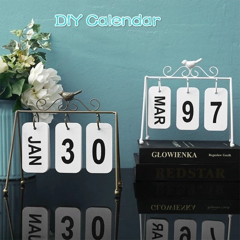 Calendario de hierro con tapa para decoración del hogar, accesorio decorativo creativo de madera con calendario perpetuo, bricolaje