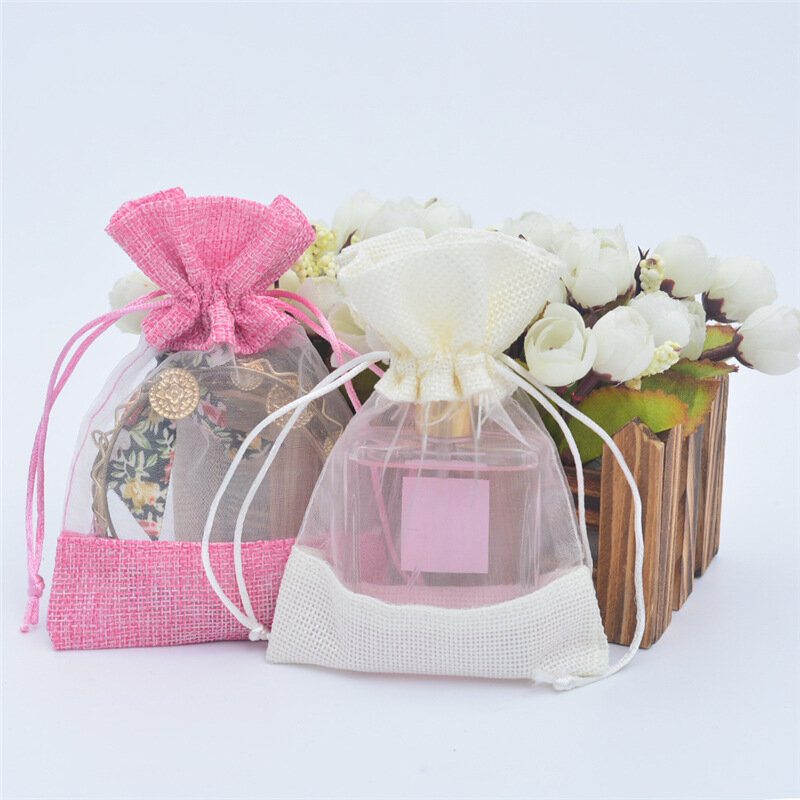 50pcs/lot Candy Color Gift Bags Linen Drawstring Packaging Bag Wedding Party Favor Candy Bags Multicolor Jewelry Pouches