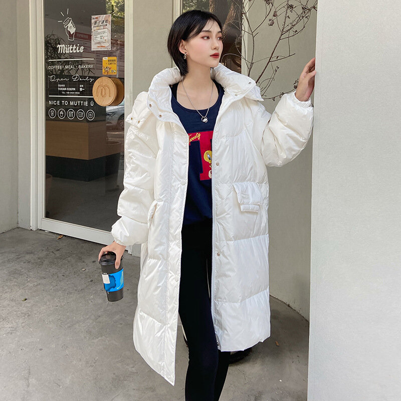 ฤดูหนาวใหม่เป็ดสีขาวลงเสื้อแจ็คเก็ตกลางความยาวหญิงเกาหลีรุ่นหลวมซิปแฟชั่นหนาลงเสื้อหญิง2021 jh2185