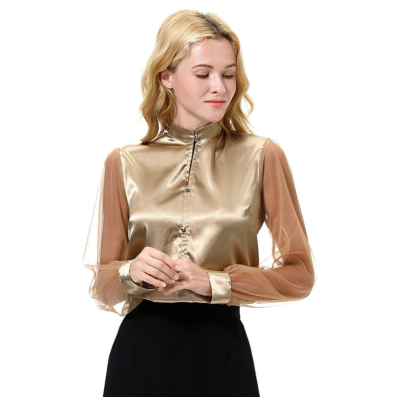Camisa feminina social manga comprida imitação de seda, camisa feminina social com botões