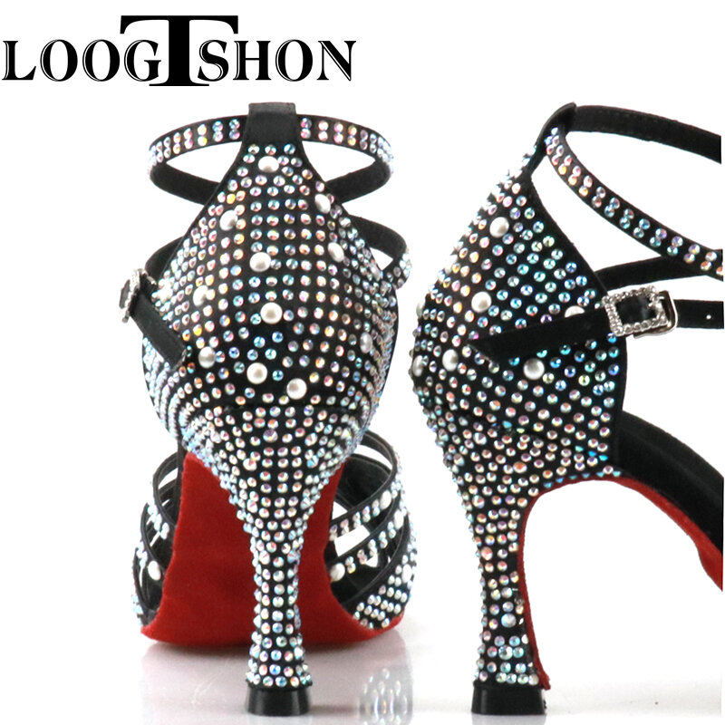 Loogtshon-zapatos de baile latino profesionales con diamantes de imitación, calzado de baile para mujer, color rosa y negro, 9CM