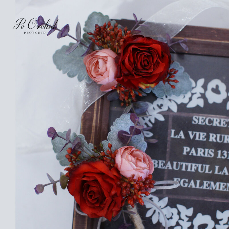 Peanggrek Gelang Tangan Bunga Pengiring Pengantin Boutonflety Pernikahan Merah untuk Anak Perempuan Aksesoris Prom Pria Boutonflety