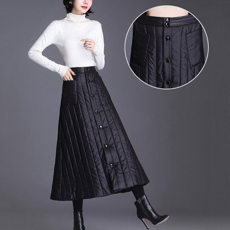 Falda clásica de cintura alta con botones para mujer, algodón acolchado, bolsillo grueso y cálido