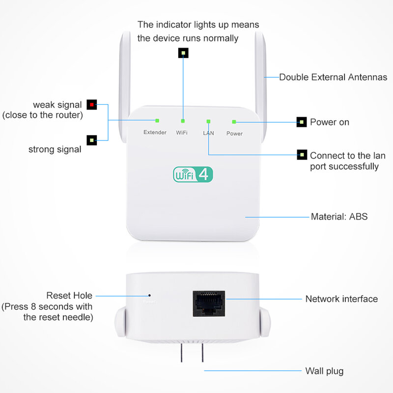 Creacube-Repetidor WiFi Sem Fio, Extensor de Alcance, Amplificador de Sinal Longo, Repiter WiFi, Booster, 300m, 2.4G