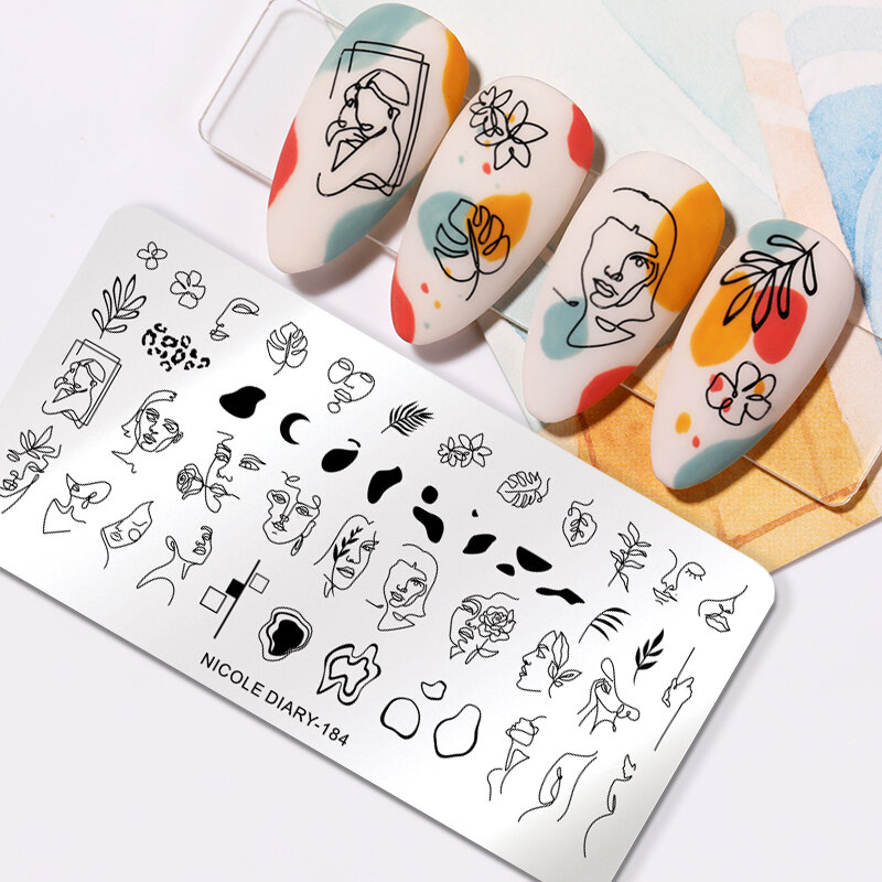 NICOLE DIARY-Plaques de timbres de conception de visage abstrait pour femmes, modèle d'estampage d'art d'ongle de fleur de cuir chevelu, impression de galets, outil d'image
