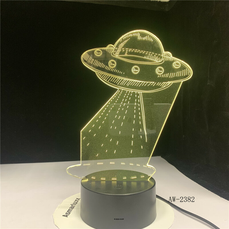 Kartun UFO Alien Pesawat Ruang Angkasa Akrilik 3D Lampu Malam USB LED Lampu Meja Tidur Remote Dekorasi Rumah Hadiah Natal 2382