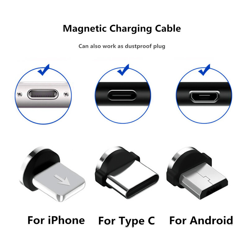 Cabo do carregador magnético redondo, Cabo de carregamento rápido, Tipo C Cabo Plug, Micro USB