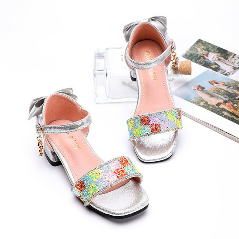 Summer sweet rhinestone bow student sandals girls wedding banquet sandals 2020 new thick heel sequin kids princess party shoes