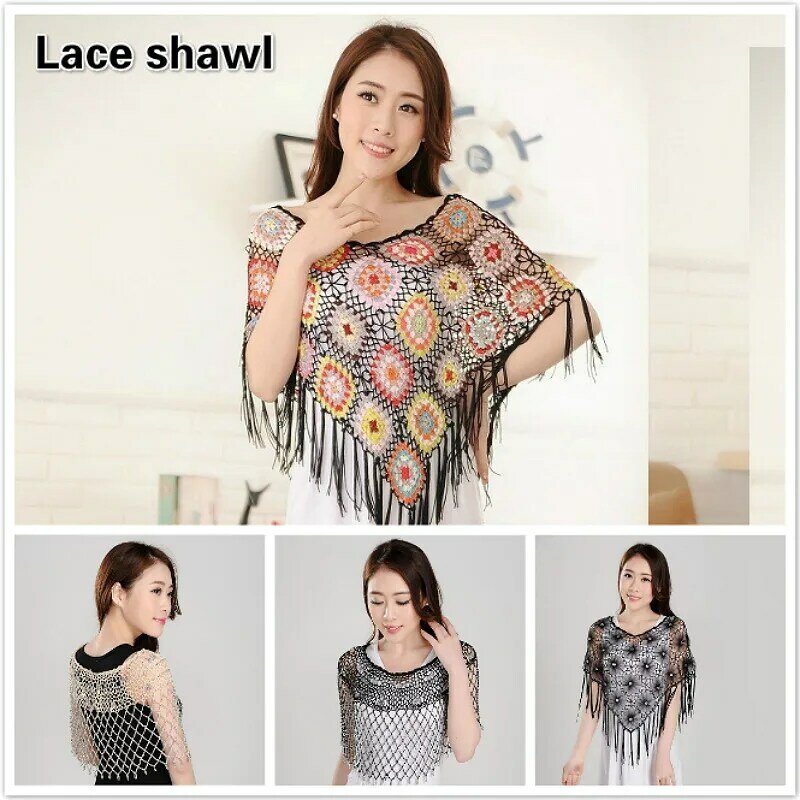 Variety Fashion Hand Crochet Hollow Lace Tassel Finished Cape Small Shawls Beach Stroll Shopping Gorgeous Travel Sun Protection