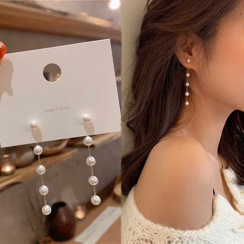 Boucles d'oreilles longues imitation perle pour femme, lune, étoile, fleur, strass, pendentif de mariage, mode, bijoux coréens