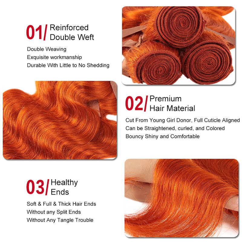 Brazilian Body Wave Weave Bundles, Black Pearl Orange, Remy Extensão do Cabelo Humano, 100% Cabelo Humano, 8 a 28 em