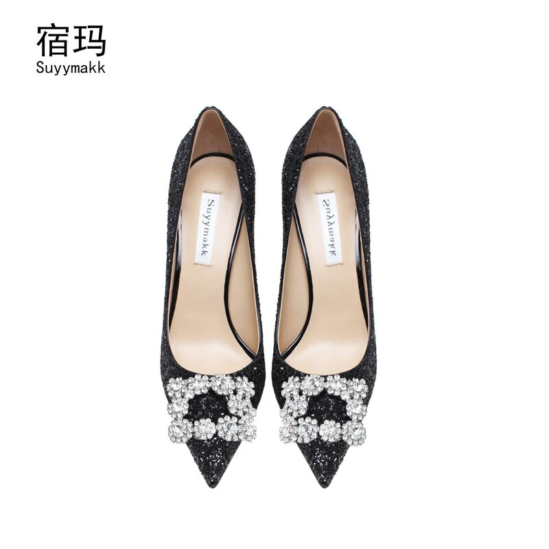Sepatu Wanita Berlian Imitasi Kulit Asli Sepatu Hak Tinggi Kristal Seksi Sepatu Pernikahan Stiletto 10CM Ujung Lancip Pompa Modis Glitter