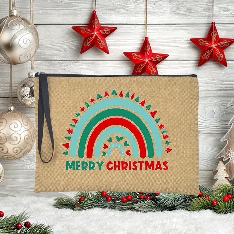 Rainbow Merry Christmas Women Clutch Bag Fashion Casual Linen Cosmetic Makeup Pouch Handbag Lipstick Orange Female Xmas Gifts