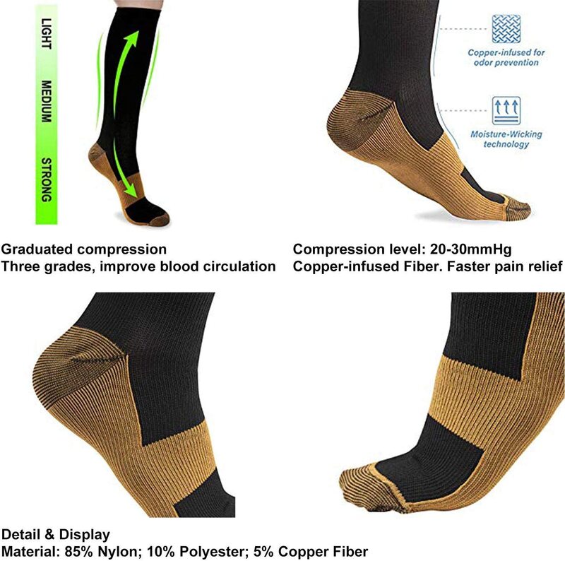 Kupfer Kompression Socken Männer Frauen Anti Müdigkeit Schmerzen Relief Knie Hohe Strümpfe 20-30 mmHg für Lauf Sportlich Schwangerschaft XXL