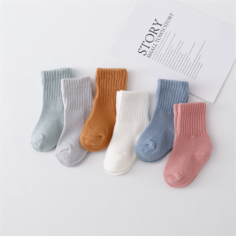 Lawadka-Meias macias de algodão para bebês recém-nascidos, meias sólidas para meninos e meninas, estilo coreano, 0 a 12 meses, primavera e outono, 6 pares por conjunto