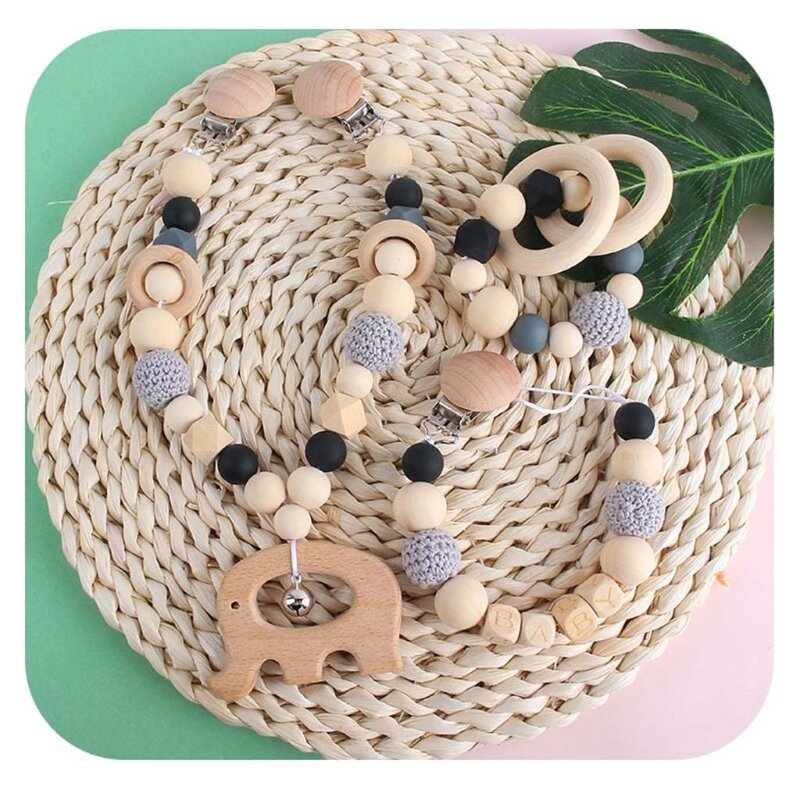 Baby Pacifier Clip Silicone Beads Wooden Baby Teether Pacifier Chain Clip Play Gym Pram Pendant Rattle Nipple Holder Baby Toys