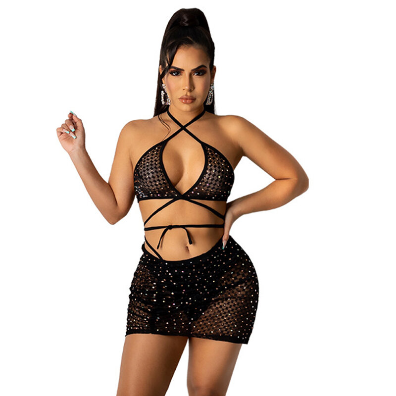 2021 estate donna Sexy 2 pezzi Set strass Bling maglia increspata Top e minigonne abiti da Club abbigliamento moda femminile