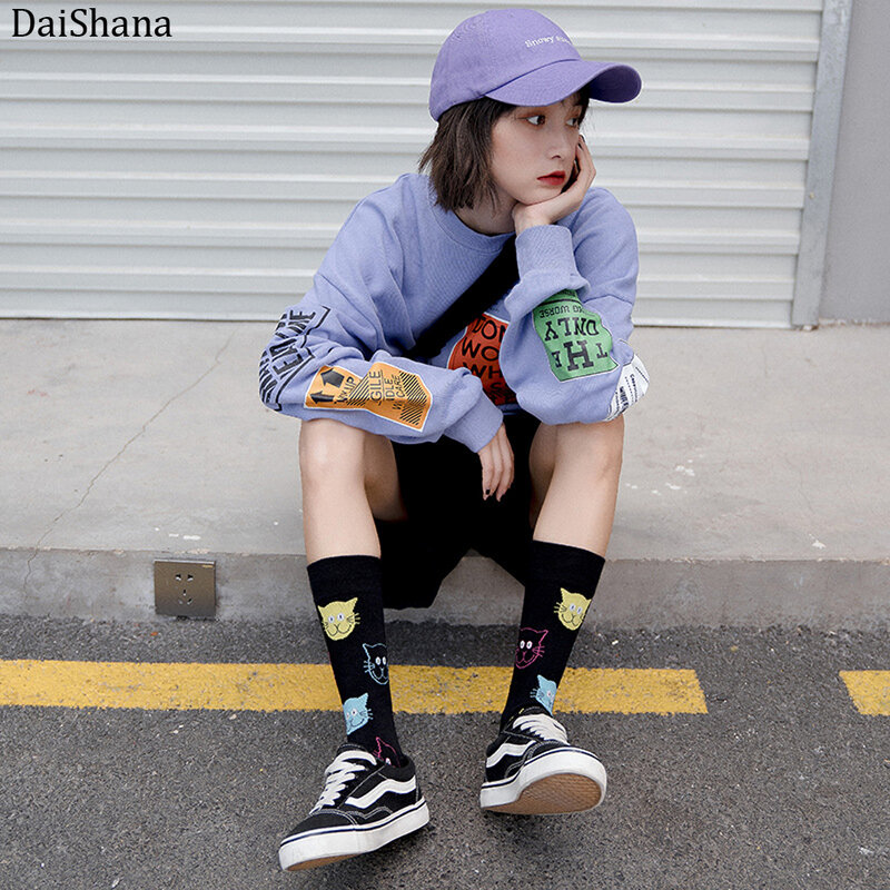 DaiShana-calcetines tobilleros de algodón peinado para mujer, medias con estampado de gato y perro, estilo Harajuku, Unisex