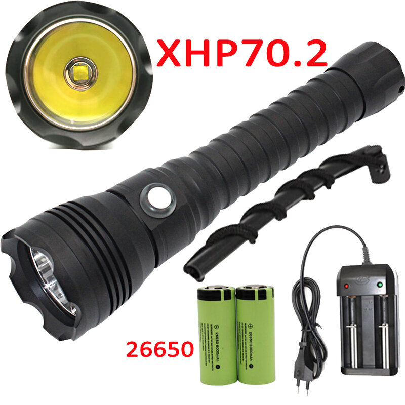 XHP70.2 LED Scuba Diving Flashlight Underwater 100M XHP70 Dive Torch Linterna Waterproof Lamp 26650 Battery +Charger