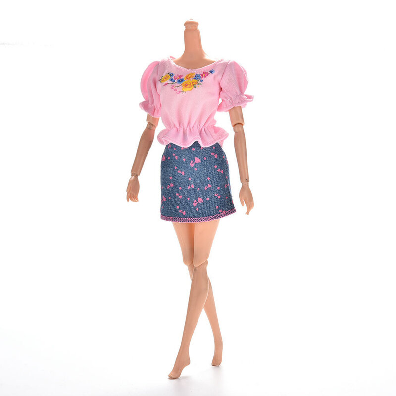 1 Juego de conjuntos de ropa de moda vestido de muñeca estampada de manga corta con flores de verano Falda vaquera elegante para muñeca Barbie