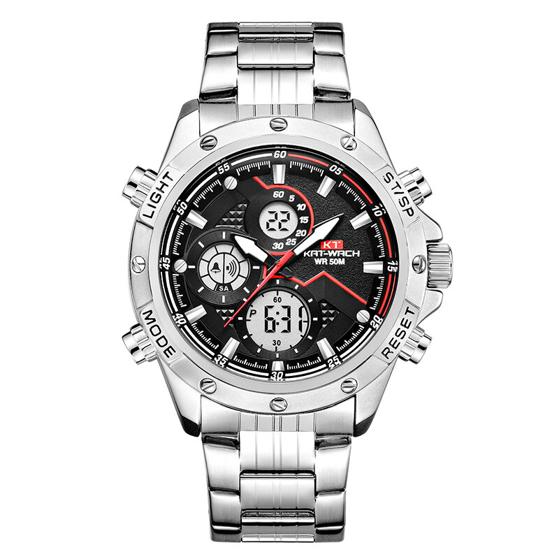 KT jam tangan pria, arloji gerakan kuarsa merek mewah, tahan air, jam tangan militer multifungsi, jam tangan besar, tali kulit PU, hadiah modis