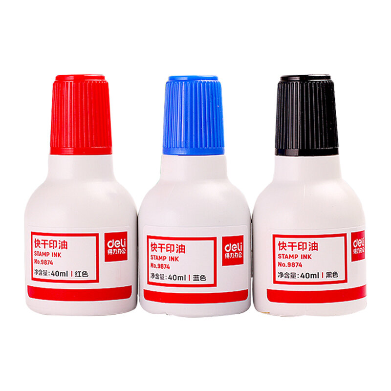 Deli 9874-tinta de sello, botella de 40ml, secado rápido, colores rojo, azul y negro, venta al por mayor