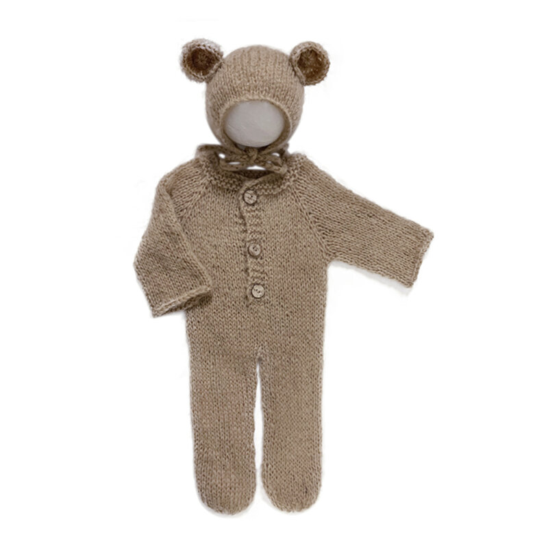 ❤️Newborn การถ่ายภาพเสื้อผ้าหมี Mohair หูหมวก + Jumpsuits 2ชิ้น/เซ็ตสตูดิโอเด็ก Photo Prop อุปกรณ์เสริมถักเสื้อผ้าชุด