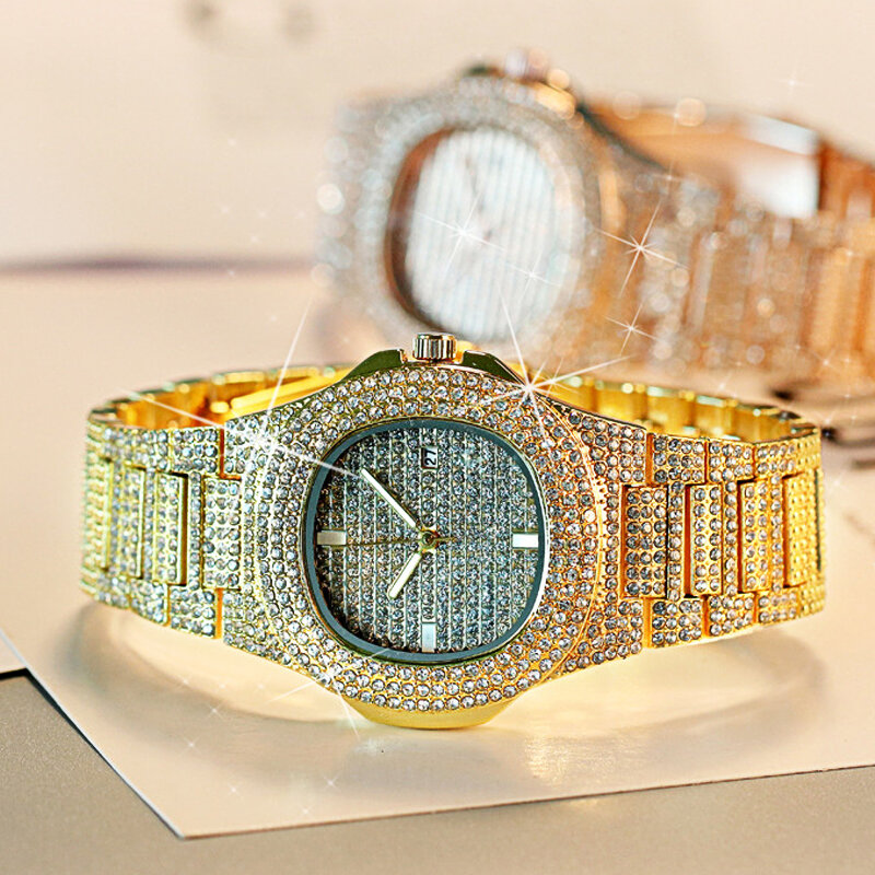 Relógio feminino dourado com calendário e pulseira, relógio de pulso feminino quartz