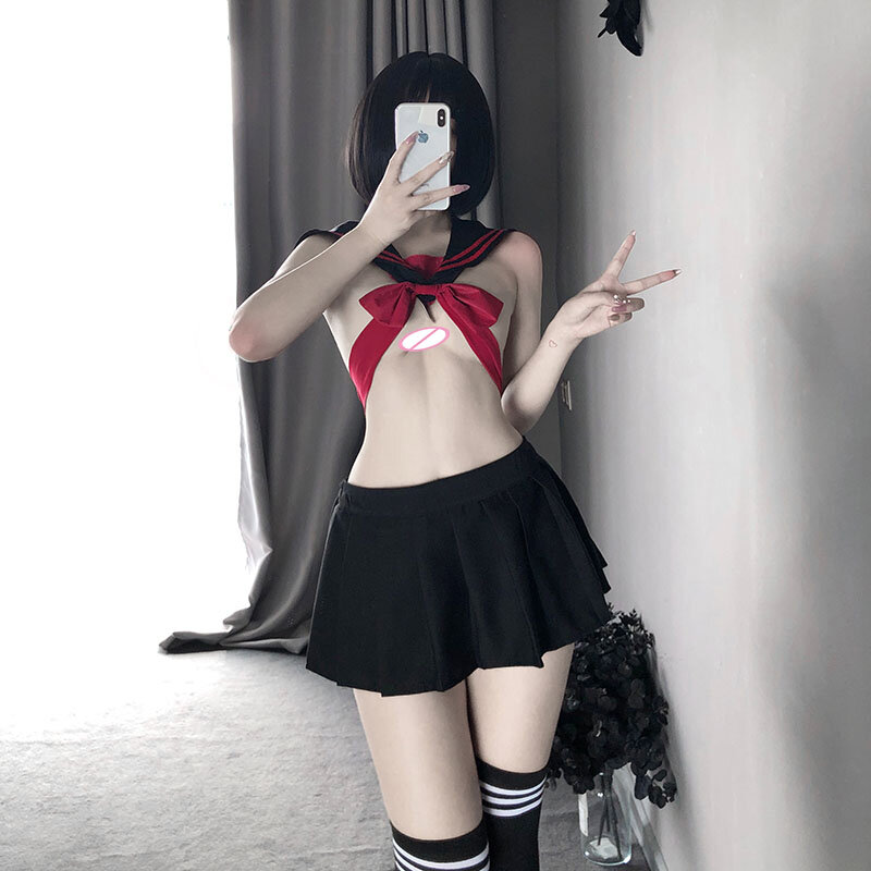 Sexy Erotic Bow Bandage Student Uniform Cosplay Lingerie Lady Temptation Costume Babydoll Dress Lace Miniskirt Outfit For Women