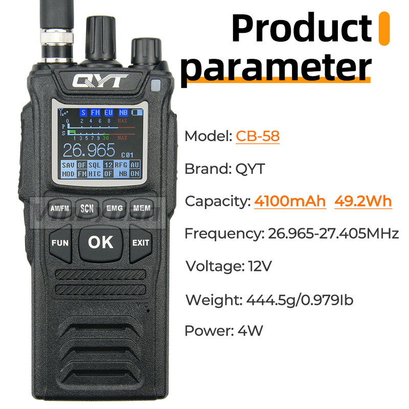 NEUE QYT 27MHz CB-58 Radio Standard Handheld 40 Kanal AM/FM CB Radio(4W handheld Walkie Talkie) 26,965-27,405 MHz