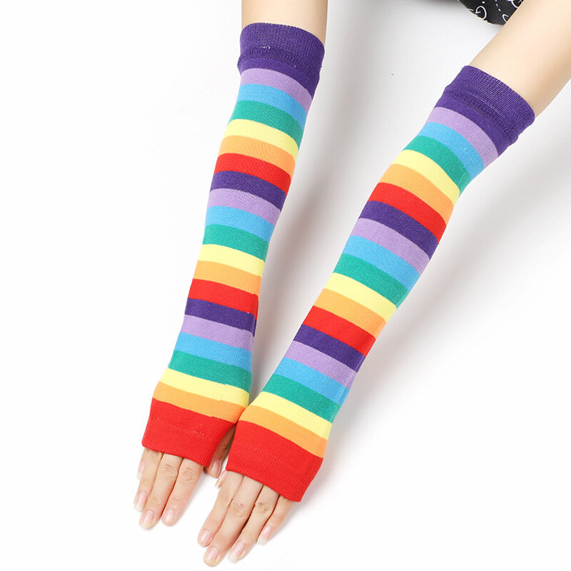 Fashion Striped Sunscreen Arm Sleeves Long Over Elbow Half Finger Gloves Women Elastic Knitted Warm Fingerless Mittens Accessory
