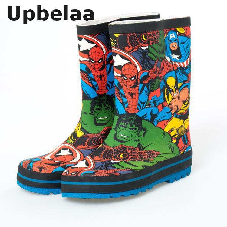 새로운 디자인 아이 장화 만화 어린이 스파이더 맨 헐크 미국 팀 슈퍼 영웅 리그 소년 고무 장화 물 신발 미끄럼 방지