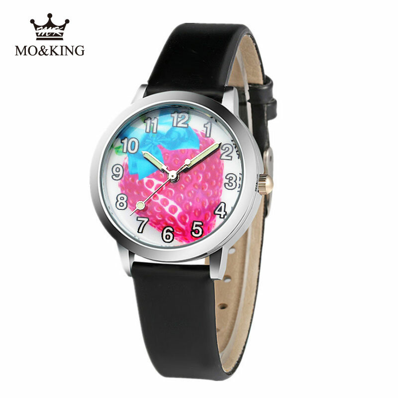 새로운 제품 크리 에이 티브 디자인 아이 시계 어린이 귀여운 만화 딸기 다이얼 빛나는 석영 여자 시계 Relogio Menino